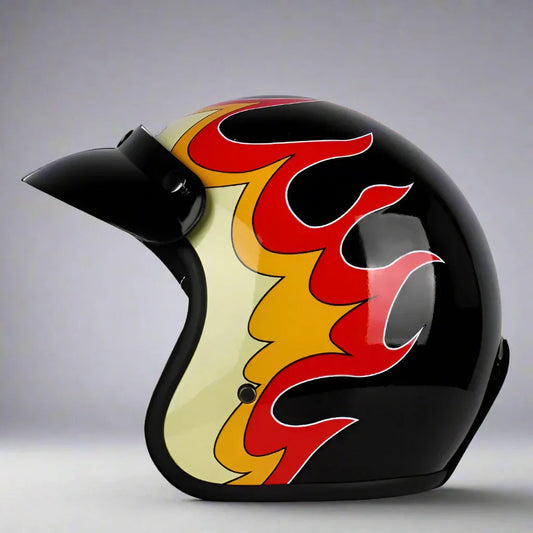 Flame King open-face helmet by BikerZoneZ with red flame design, black shell DOT & ECE approved on Tampa Home & Garden Store