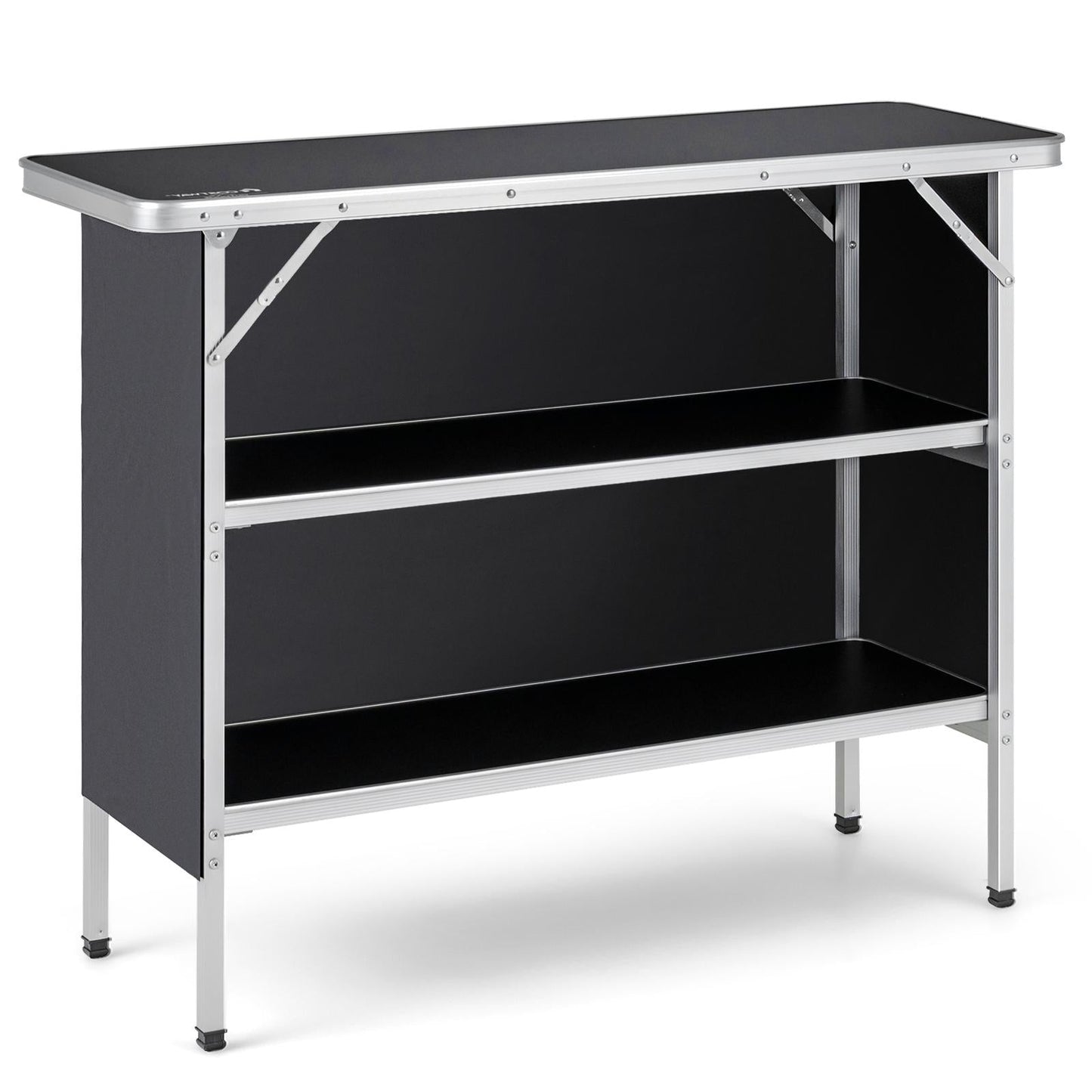 GemGear folding camping table with 2-tier open shelves, black top and aluminum frame on Tampa Home & Garden Store