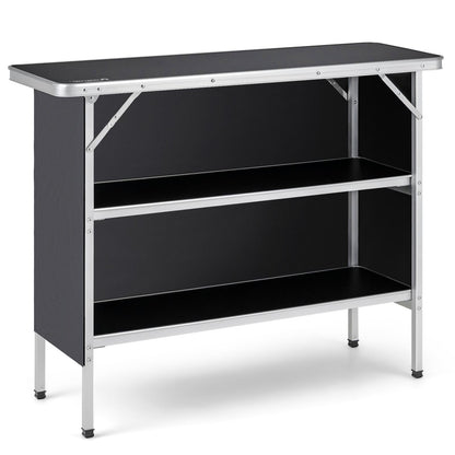 GemGear folding camping table with 2-tier open shelves, black top and aluminum frame on Tampa Home & Garden Store