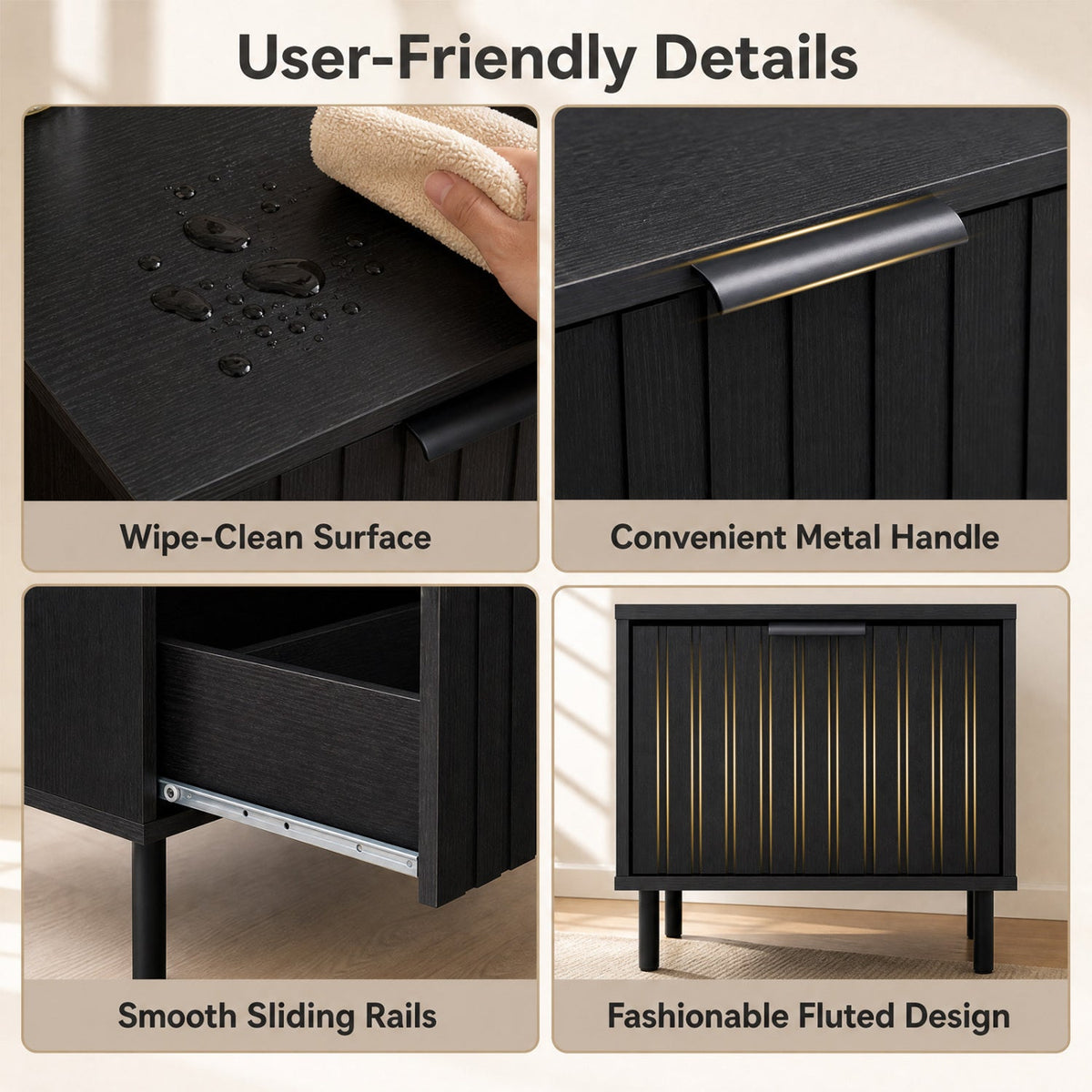 DirectDeals black nightstand with vertical-striped drawer and metal handle on Tampa Home & Garden Store
