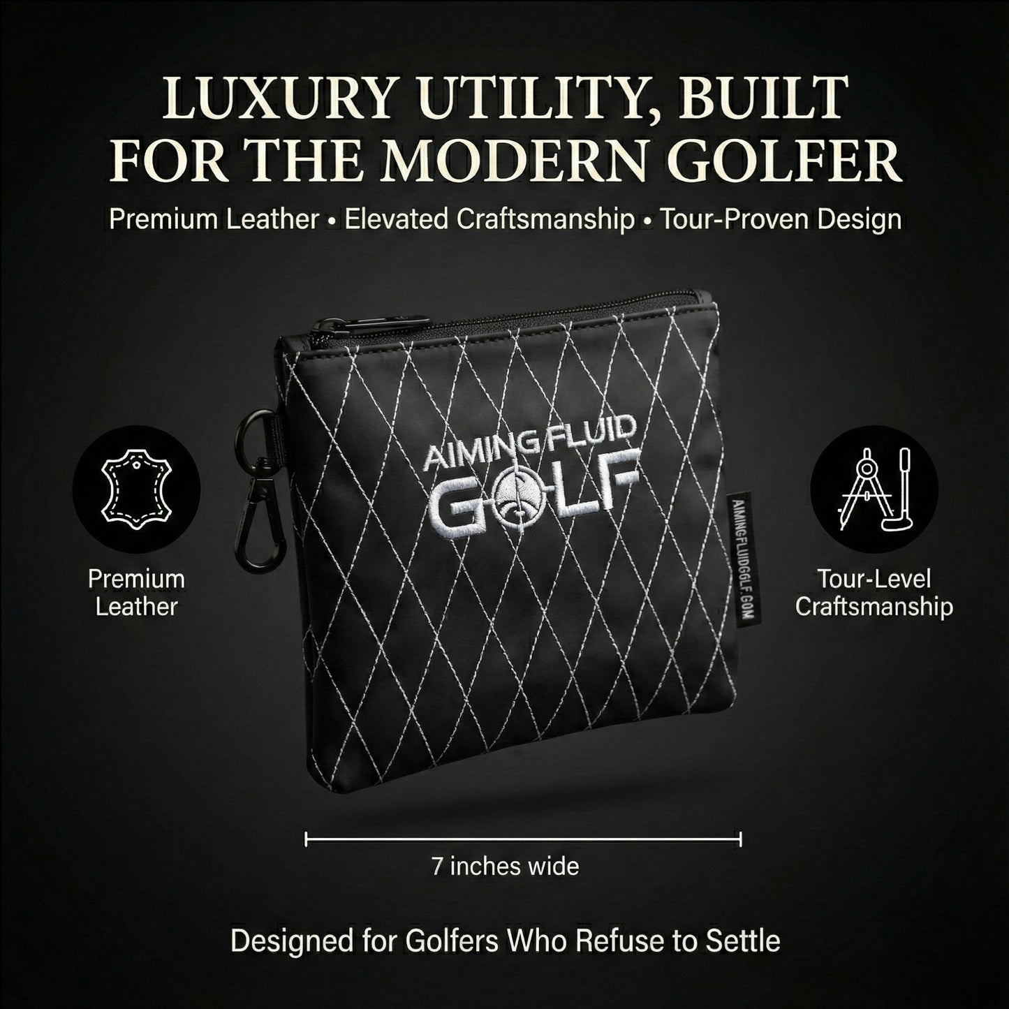 Leather Golf Utility Pouch black quilted leather with white diamond stitching Aiming Fluid Golf on Tampa Home & Garden Store