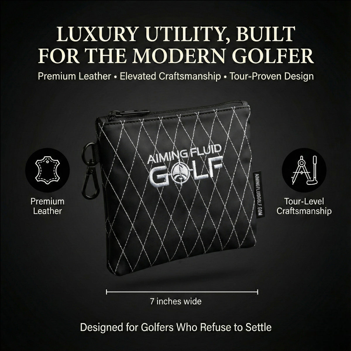 Leather Golf Utility Pouch black quilted leather with white diamond stitching Aiming Fluid Golf on Tampa Home & Garden Store