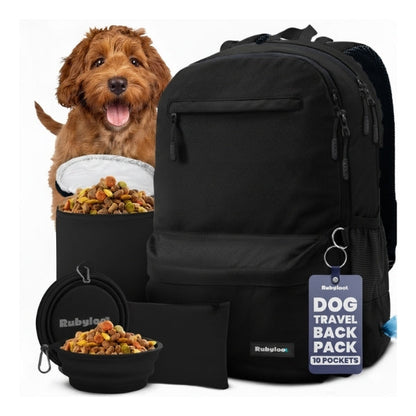 Backpack Rubyloo The Original Doggy Bag in black with 10 pockets, two foldable bowls, and pouch on Tampa Home & Garden Store