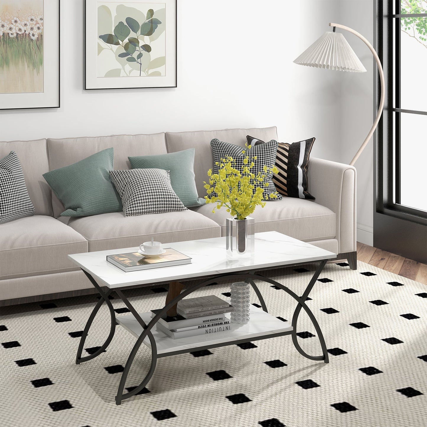 2-Tier Rectangle Coffee Table With Marble Pattern