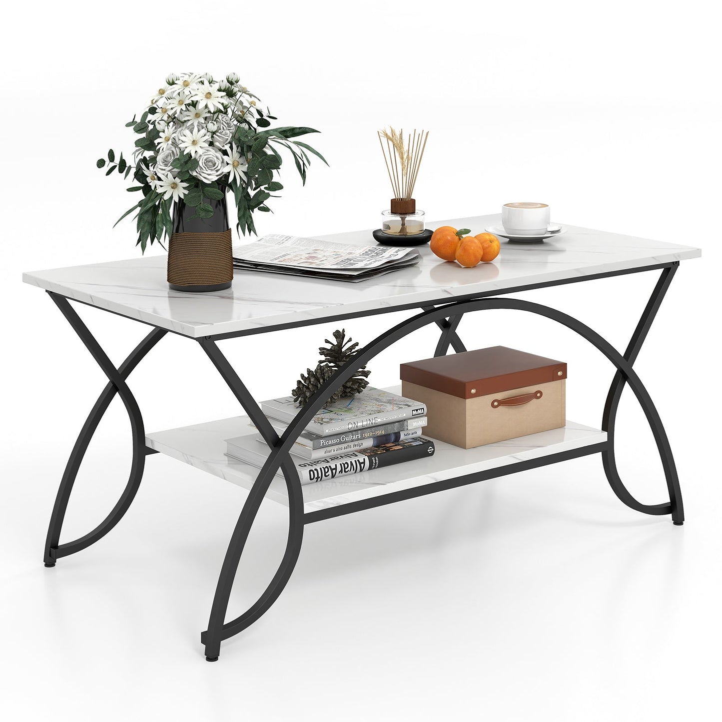 2-Tier Rectangle Coffee Table With Marble Pattern