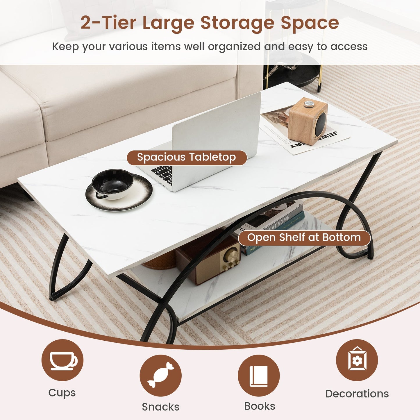 2-Tier Rectangle Coffee Table With Marble Pattern