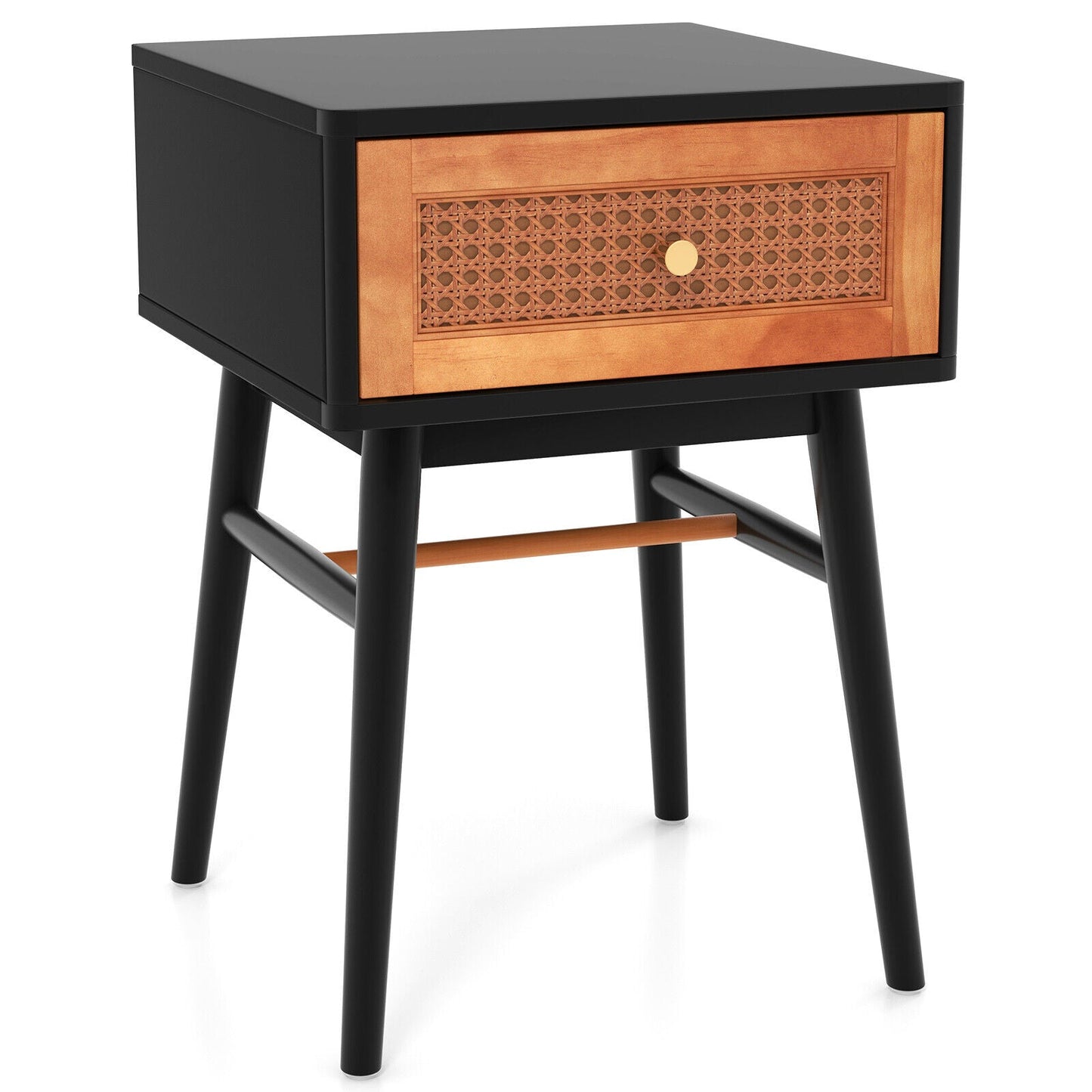 Mesita de noche moderna de 1 cajón con patas de madera maciza - Blanca