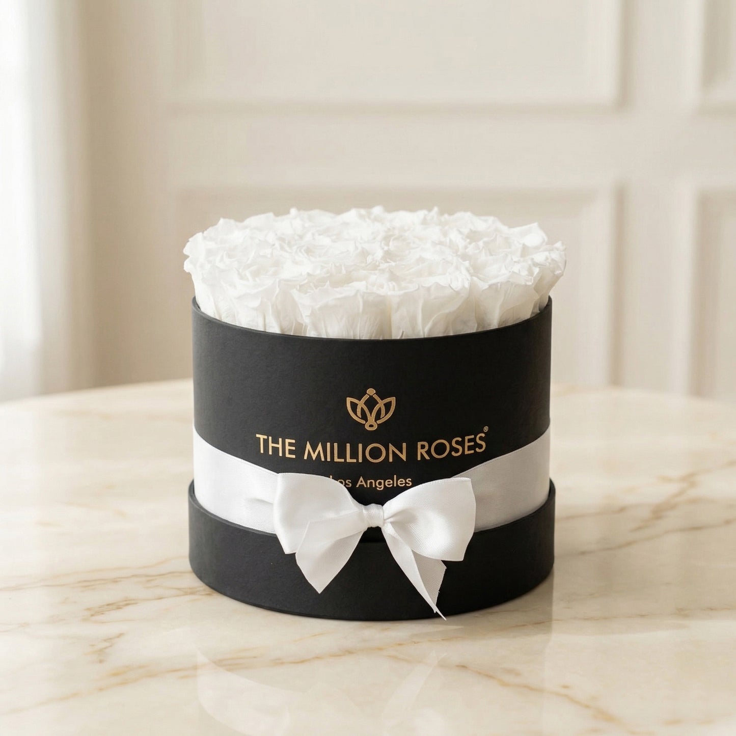 Million Roses Classic Black Box with White Roses; black box, white tissue, white ribbon on Tampa Home & Garden Store