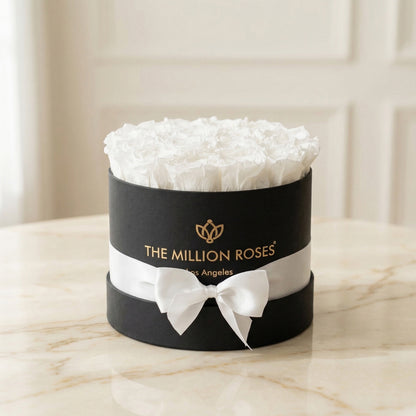 Million Roses Classic Black Box with White Roses; black box, white tissue, white ribbon on Tampa Home & Garden Store