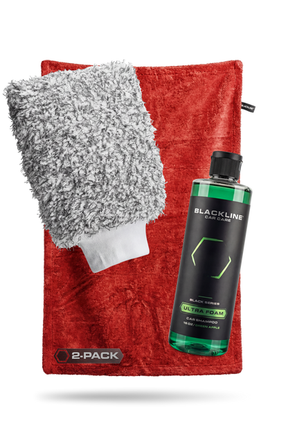 Blackline Twisted-Loop Drying Towel 2-pk red microfiber with wash mitt and shampoo bottle on Tampa Home & Garden Store