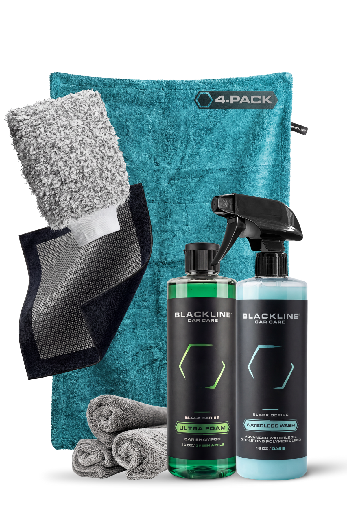 BLACKLINE Twisted-Loop Drying Towel 4-pack turquoise towel with wash mitt and car care bottles on Tampa Home & Garden Store