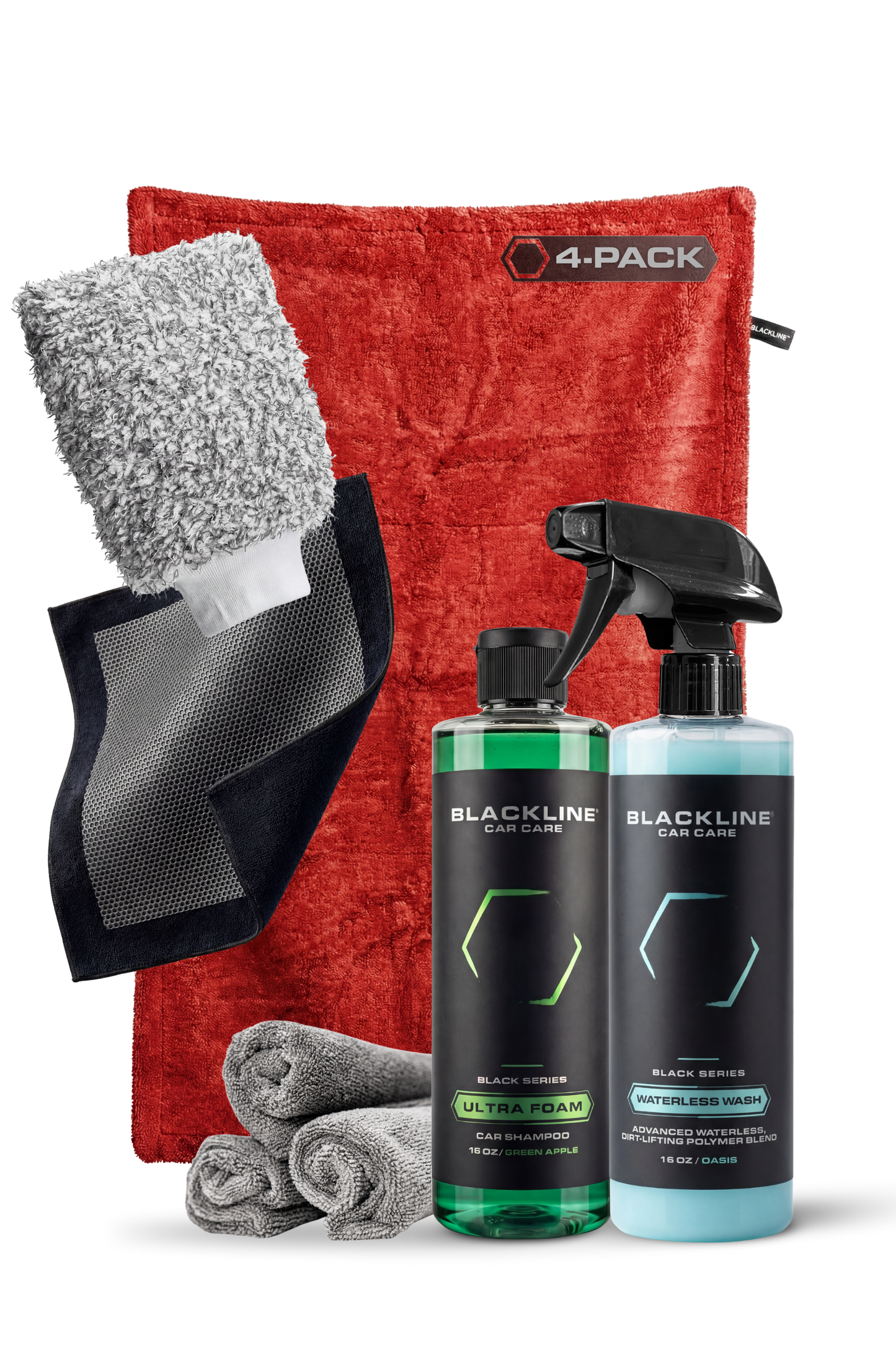 BLACKLINE Twisted-Loop Drying Towel 4-pack with red towels and grey fluffy wash mitt on Tampa Home & Garden Store