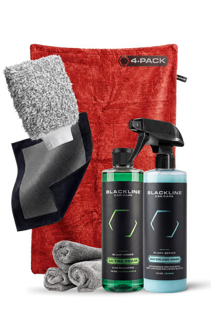 BLACKLINE Twisted-Loop Drying Towel 4-pack with red towels and grey fluffy wash mitt on Tampa Home & Garden Store