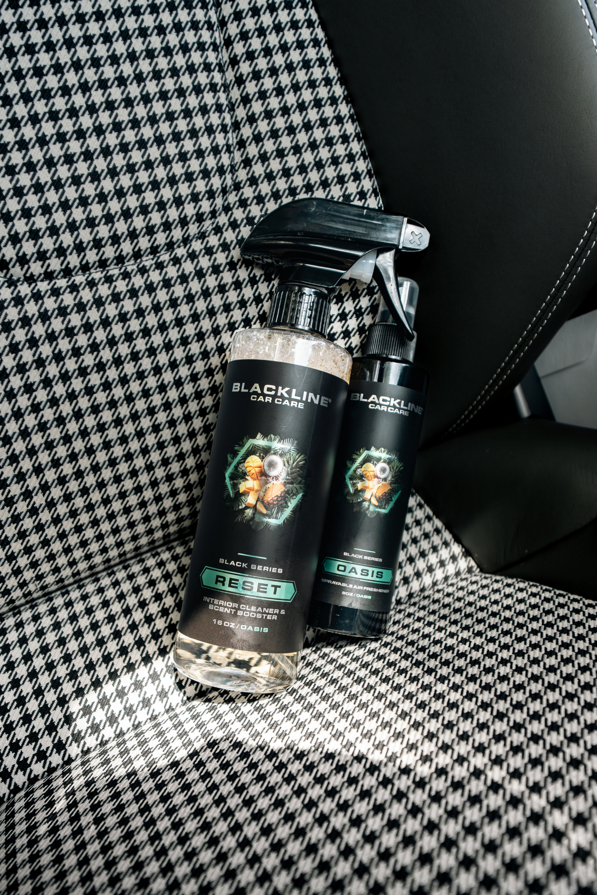 Blackline Car Care RESET interior cleaner & scent booster spray duo in black bottles on Tampa Home & Garden Store