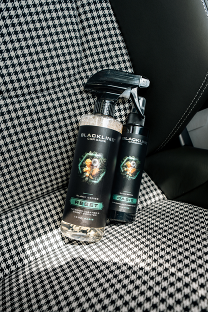 Blackline Car Care RESET interior cleaner & scent booster spray duo in black bottles on Tampa Home & Garden Store