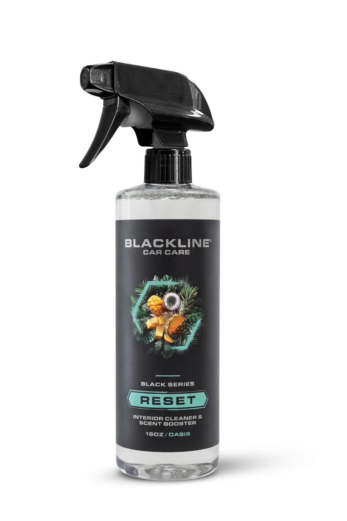 Blackline RESET interior cleaner & scent booster spray bottle with black trigger and clear bottle on Tampa Home & Garden Store