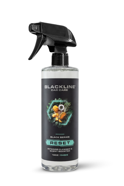 Blackline RESET interior cleaner & scent booster spray bottle with black trigger and clear bottle on Tampa Home & Garden Store