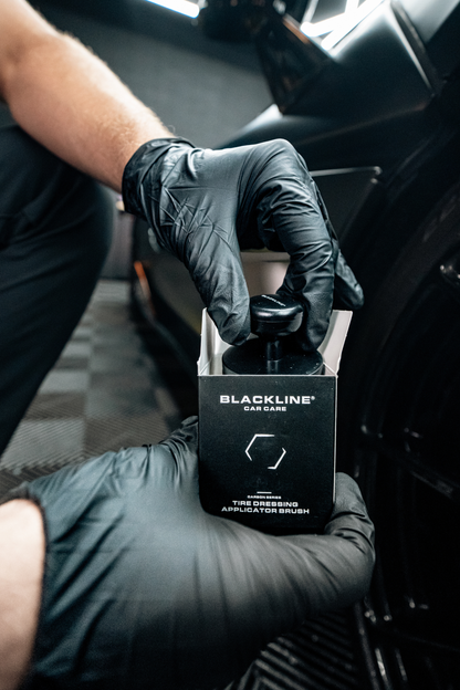 BLACKLINE Tire Shine Applicator Brush in black, shown with Blackline Car Care packaging on Tampa Home & Garden Store