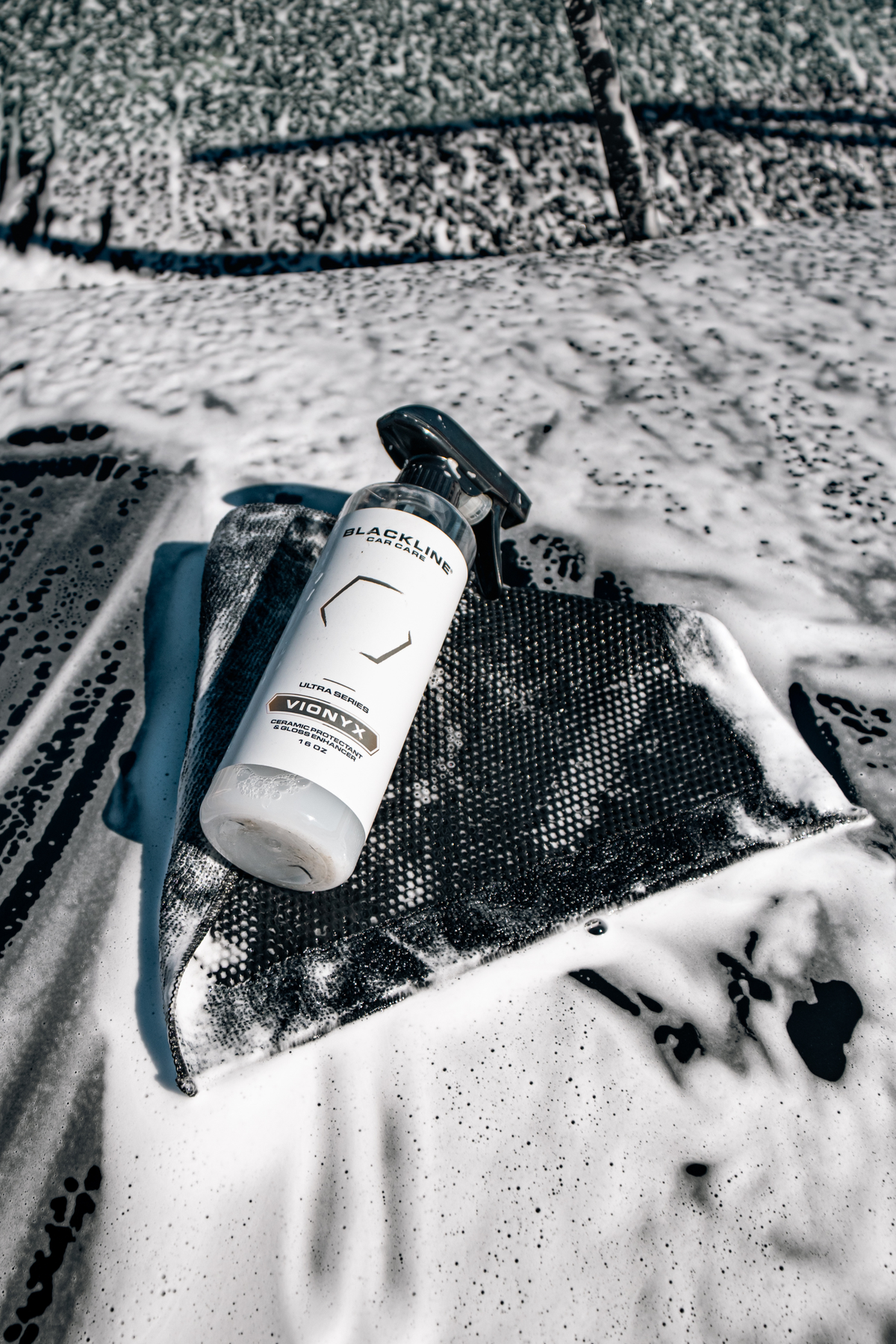 BLACKLINE VIONYX Ceramic Protectant spray bottle on foamy car wash mat, Blackline Car Care on Tampa Home & Garden Store