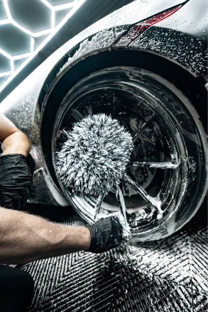 Blackline Car Care Microfiber Wheel Mitt with grey fibers used on a soapy wheel on Tampa Home & Garden Store