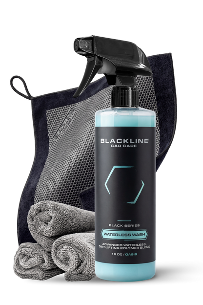 Blackline Car Care Clay Towel spray bottle with navy towels and mesh pad background on Tampa Home & Garden Store