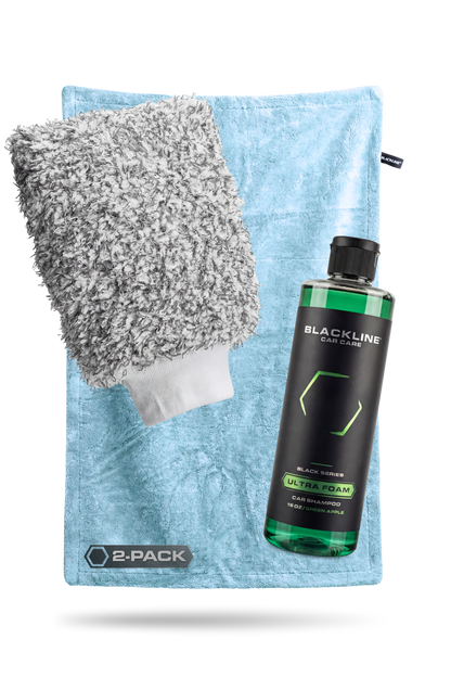 BLACKLINE Twisted-Loop Drying Towel with blue towel and grey microfiber mitt and shampoo bottle on Tampa Home & Garden Store