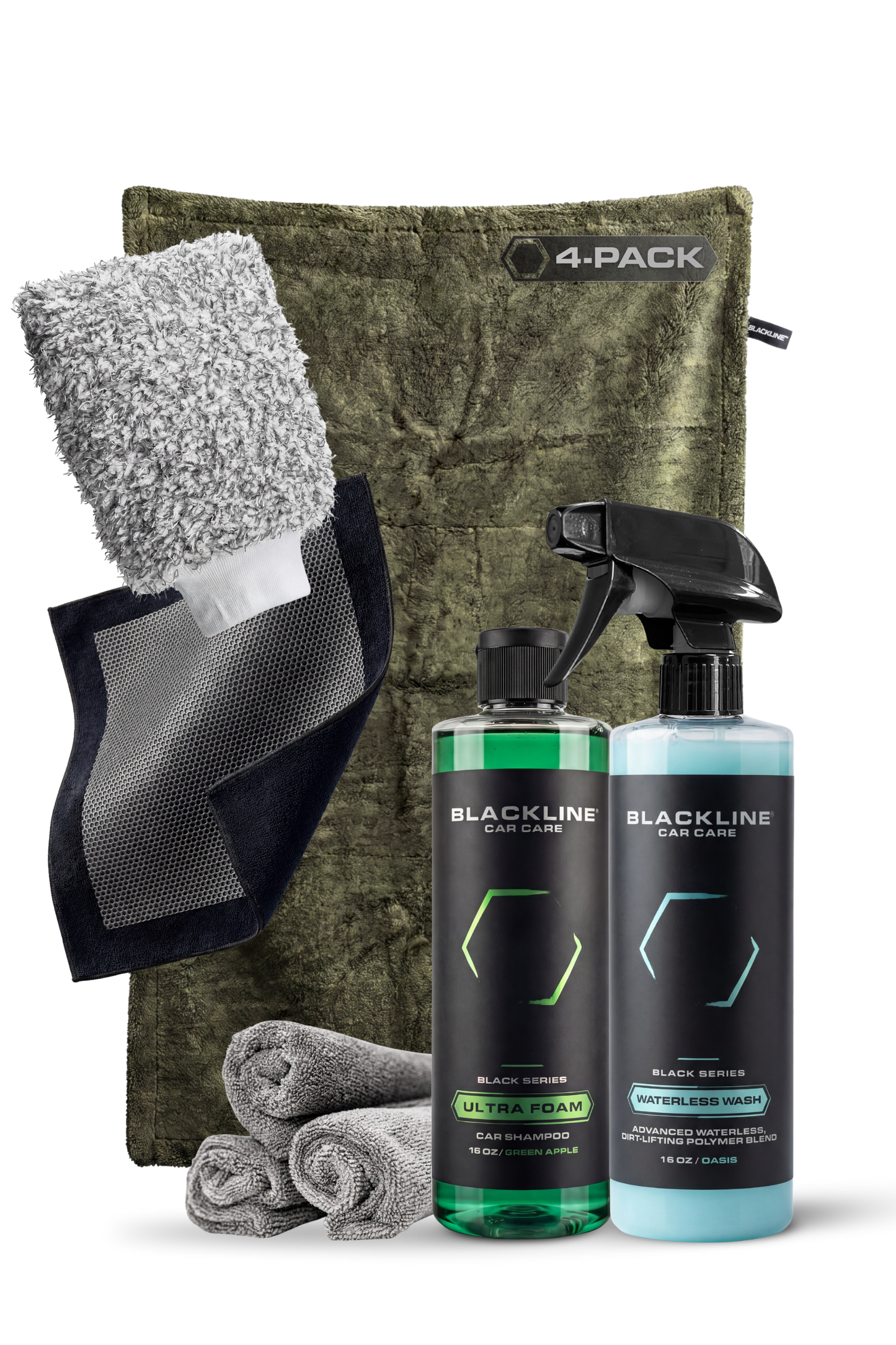 BLACKLINE Twisted-Loop Drying Towel 4-pack with olive plush towel and gray microfiber wash mitt on Tampa Home & Garden Store