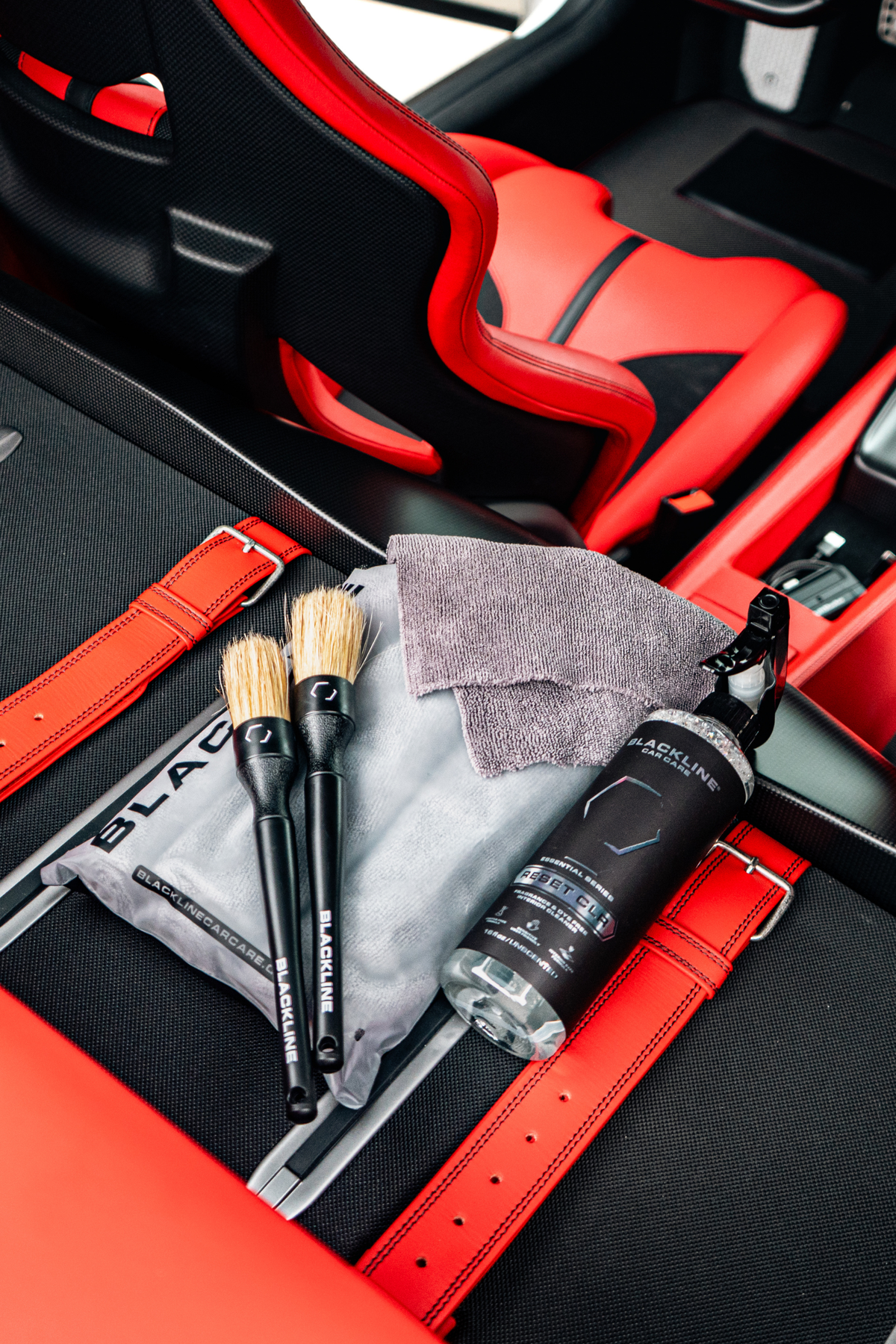 BLACKLINE RESET INTERIOR CLEANER & SCENT BOOSTER bottle with red-black car interior brushes on Tampa Home & Garden Store