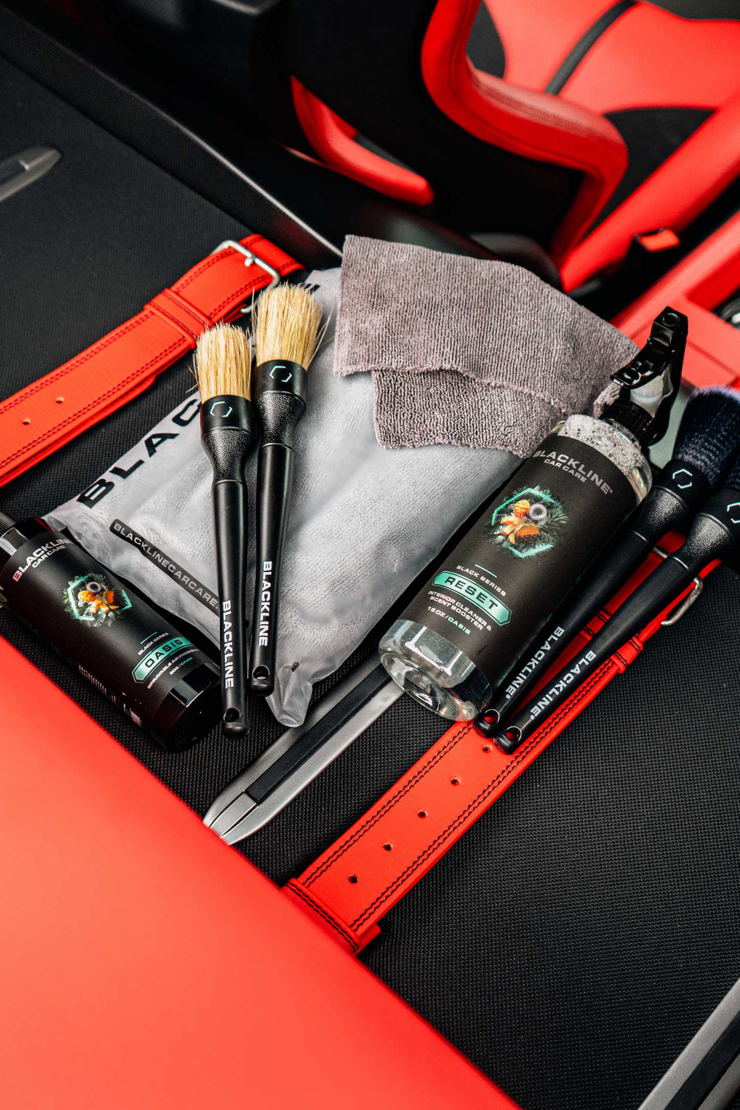 BLACKLINE RESET Interior Cleaner & Scent Booster bottle in Blackline Car Care kit with brushes in red case on Tampa Home & Garden Store
