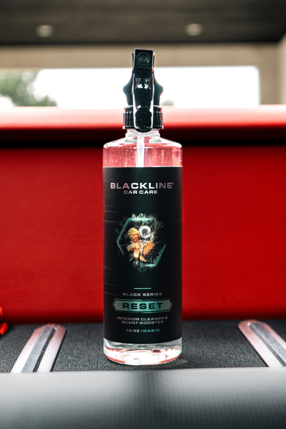 Blackline Car Care RESET interior cleaner & scent booster spray bottle with black label on Tampa Home & Garden Store