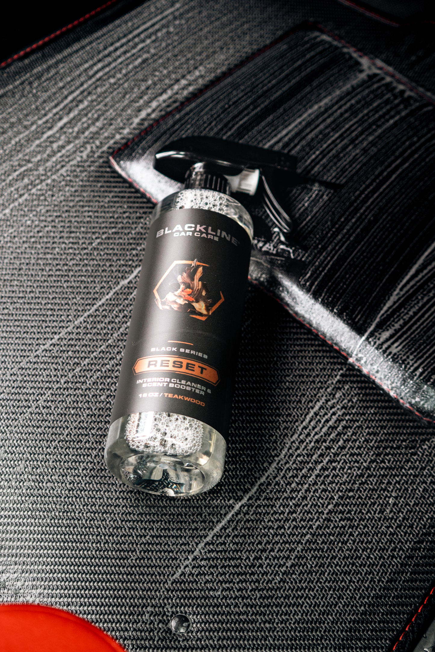 Blackline Car Care RESET interior cleaner spray bottle, black bottle with orange label on Tampa Home & Garden Store