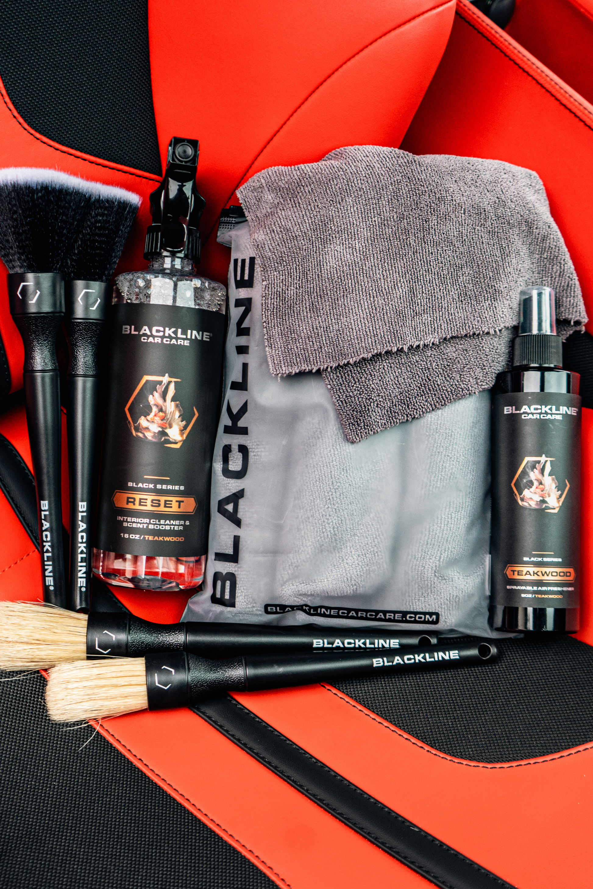Blackline RESET interior cleaner spray bottle with teakwood scent and car care brushes on Tampa Home & Garden Store