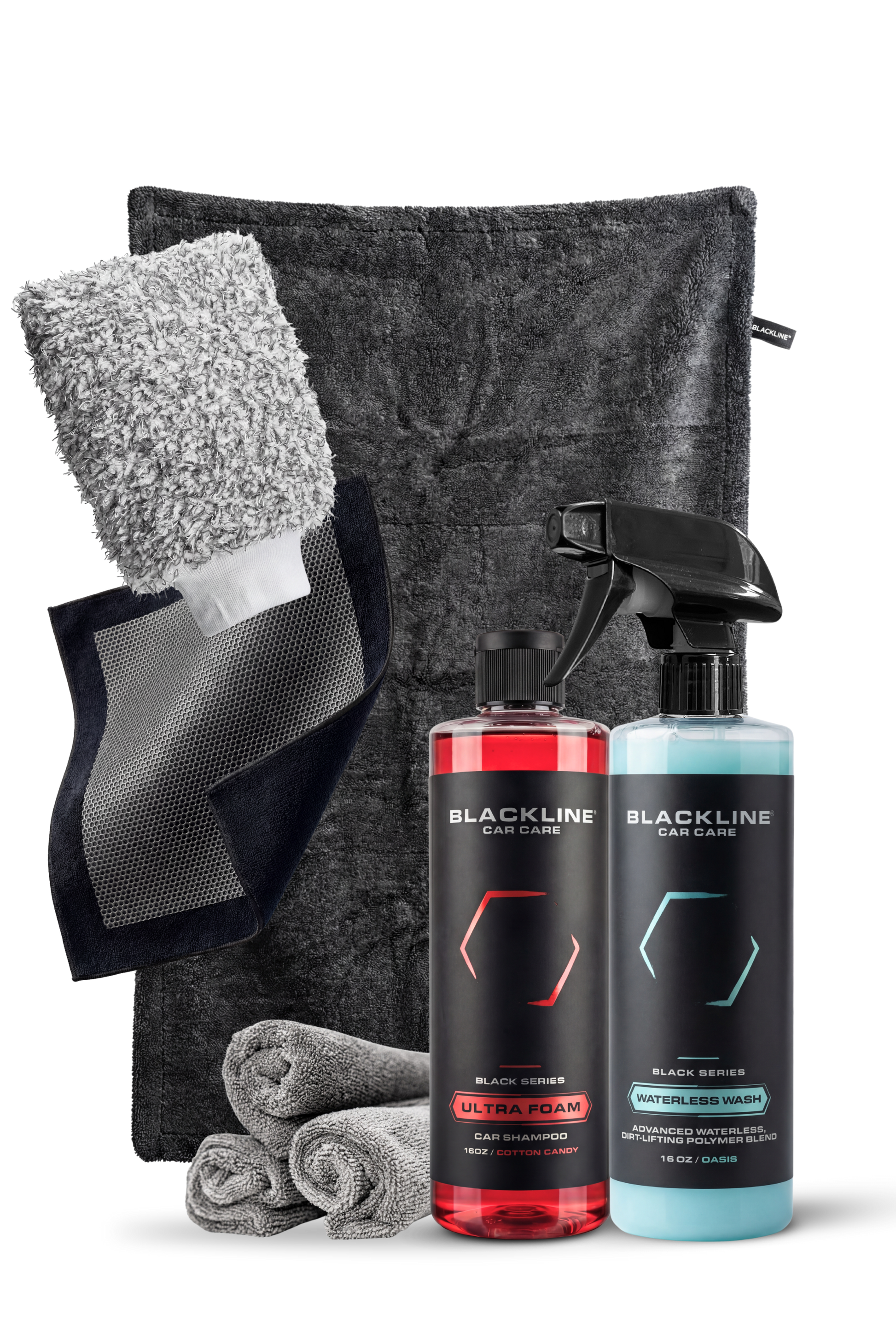Two Blackline Car Care bottles: ULTRA FOAM car shampoo red, and Waterless Wash blue on Tampa Home & Garden Store