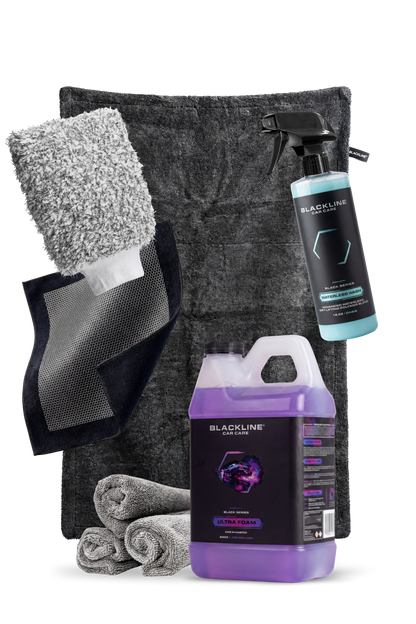 BLACKLINE Ultra Foam car shampoo bottle with microfiber wash mitt and plush towels on Tampa Home & Garden Store