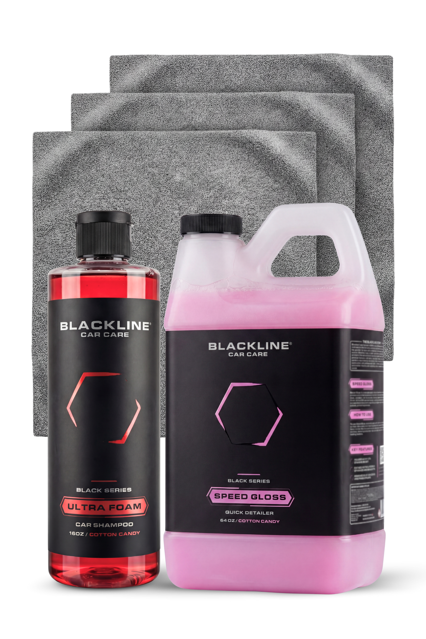 BLACKLINE Speed Gloss Quick Detailer and Ultra Foam Shampoo beside towels on Tampa Home & Garden Store