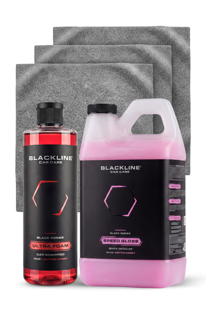 BLACKLINE Speed Gloss Quick Detailer and Ultra Foam Shampoo beside towels on Tampa Home & Garden Store