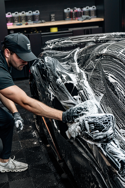 BLACKLINE® Microfiber Wash Mitt in black used to wash a foamy black car on Tampa Home & Garden Store