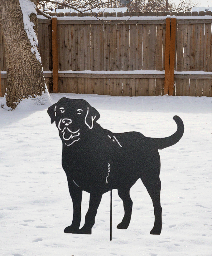 Labrador statue garden stake silhouette in black metal with ground stake Rustica Ornamentals on Tampa Home & Garden Store