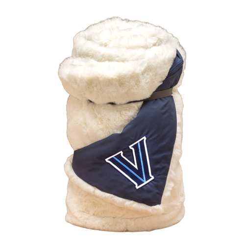 Villanova White Outdoor Blanket, plush white fur with navy panel and V logo by Pretty Rugged on Tampa Home & Garden Store