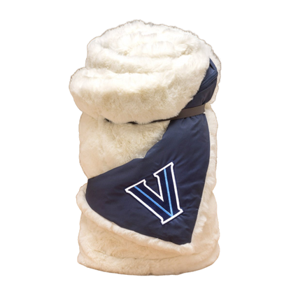 Villanova White Outdoor Blanket, plush white fur with navy panel and V logo by Pretty Rugged on Tampa Home & Garden Store