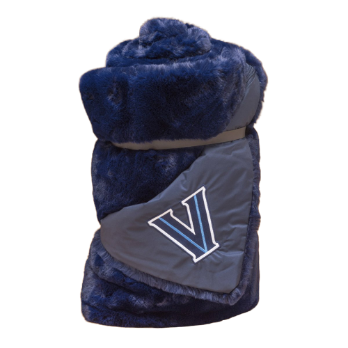 Villanova outdoor blanket by Pretty Rugged, plush navy fleece with gray panel and V logo on Tampa Home & Garden Store