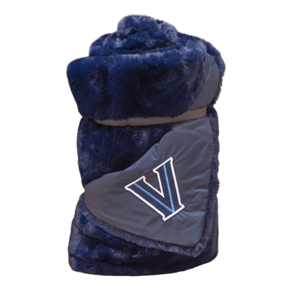Villanova outdoor blanket by Pretty Rugged, plush navy fleece with gray panel and V logo on Tampa Home & Garden Store