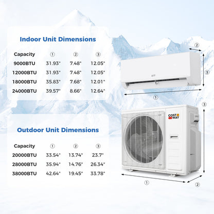 Blast Pro 38000 BTU 4 Zone Mini Split AC with Heat Pump indoor/outdoor units and dimension chart on Tampa Home & Garden Store