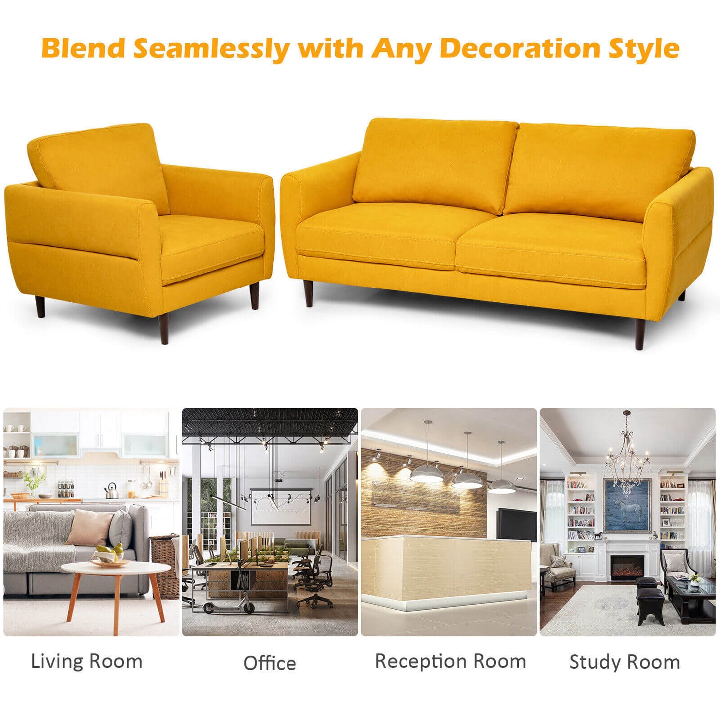 2 Pieces Upholstered Sofa Set with Removable Cushion Covers