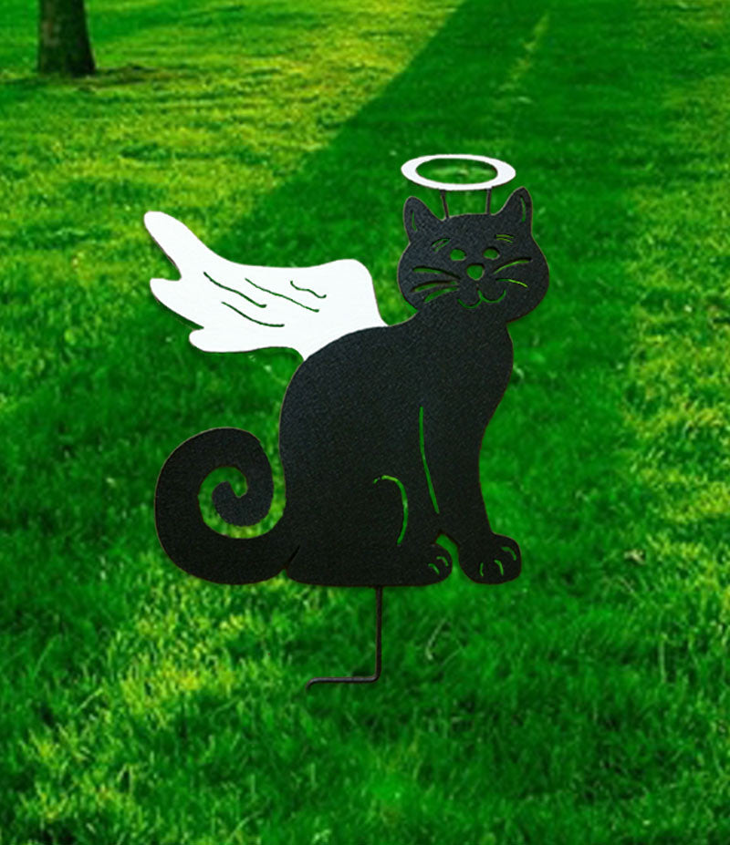 Cat Angel Garden Stake Style 2; black cat silhouette with white wings and halo, metal stake on Tampa Home & Garden Store