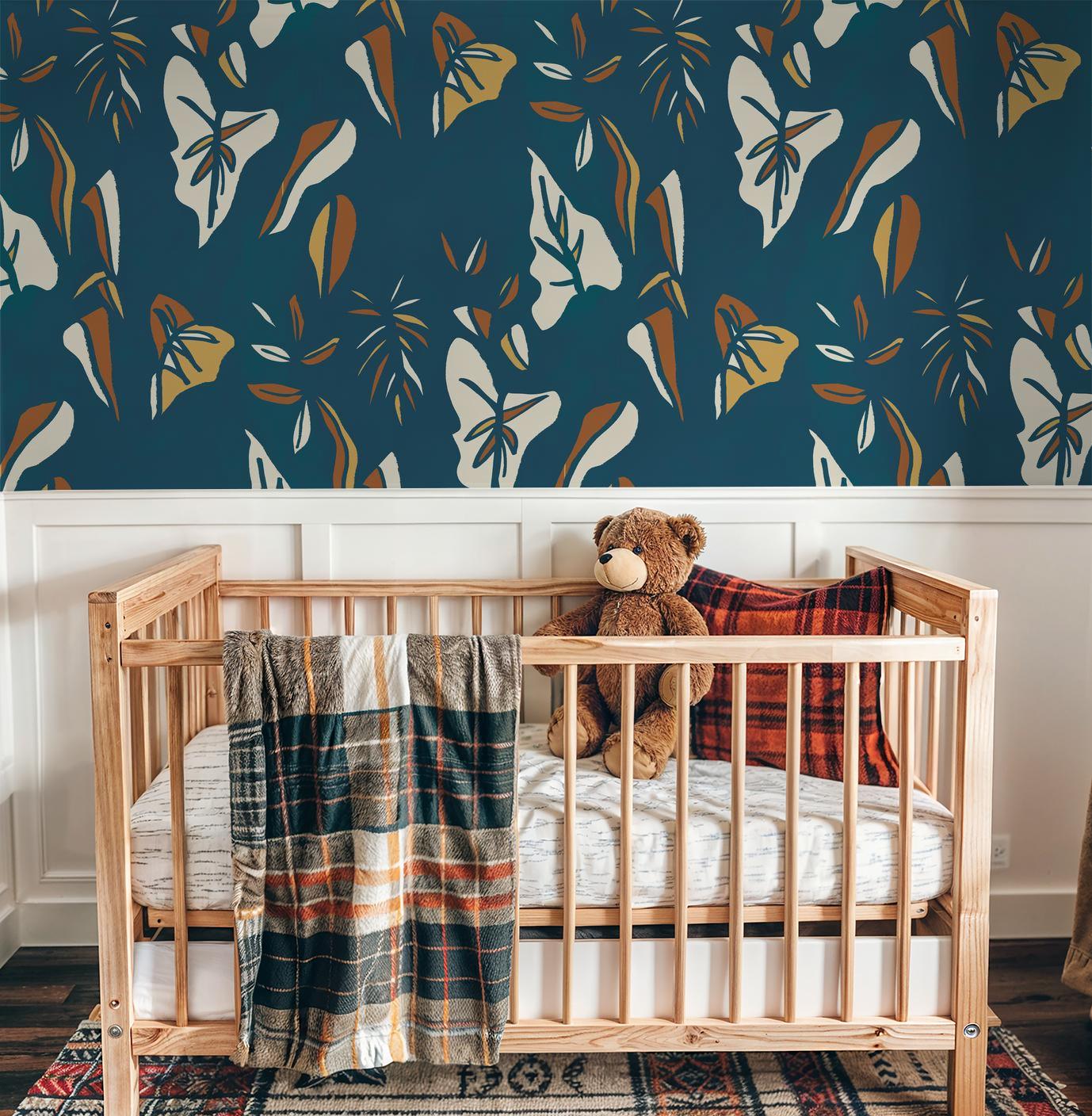 Block Print Foliage Wallpaper, blue - Tampa Home & Garden Store