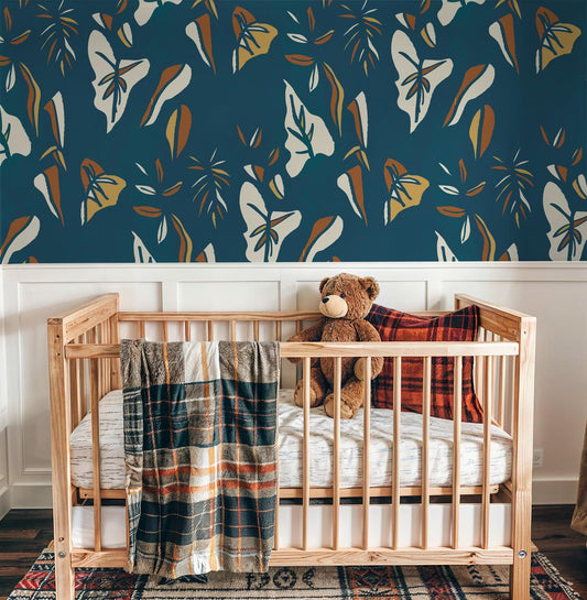 Block Print Foliage Wallpaper, blue - Tampa Home & Garden Store
