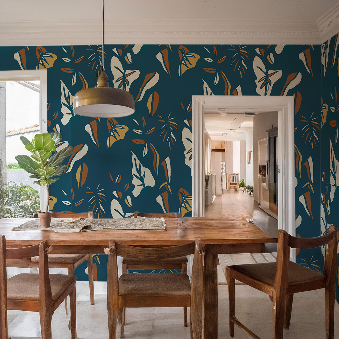 Block Print Foliage Wallpaper, blue - Tampa Home & Garden Store