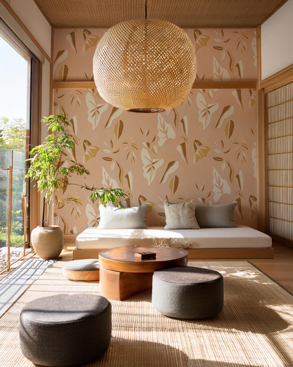 Block Print Foliage Wallpaper, peach and mustard - Tampa Home & Garden Store
