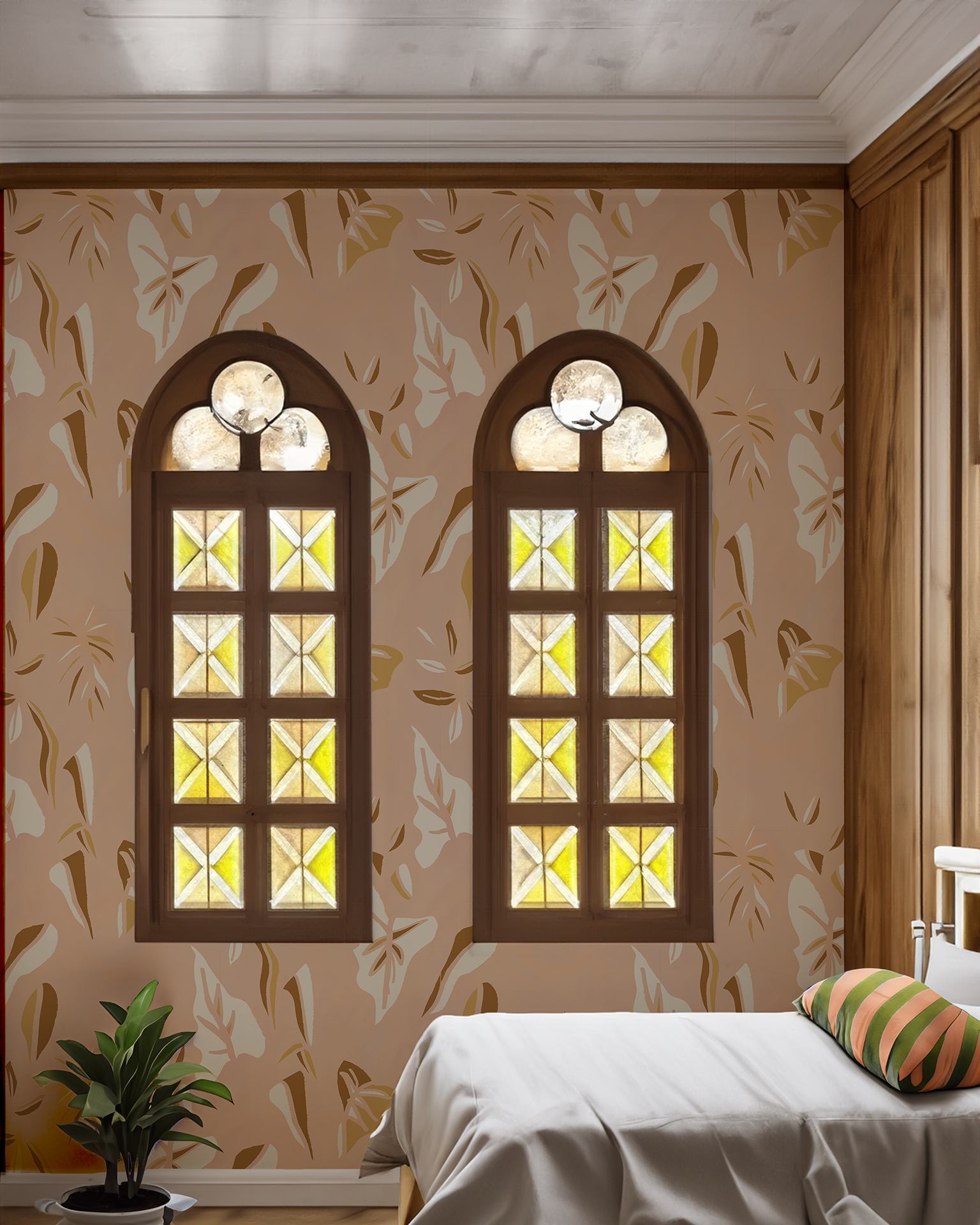 Block Print Foliage Wallpaper, peach and mustard - Tampa Home & Garden Store